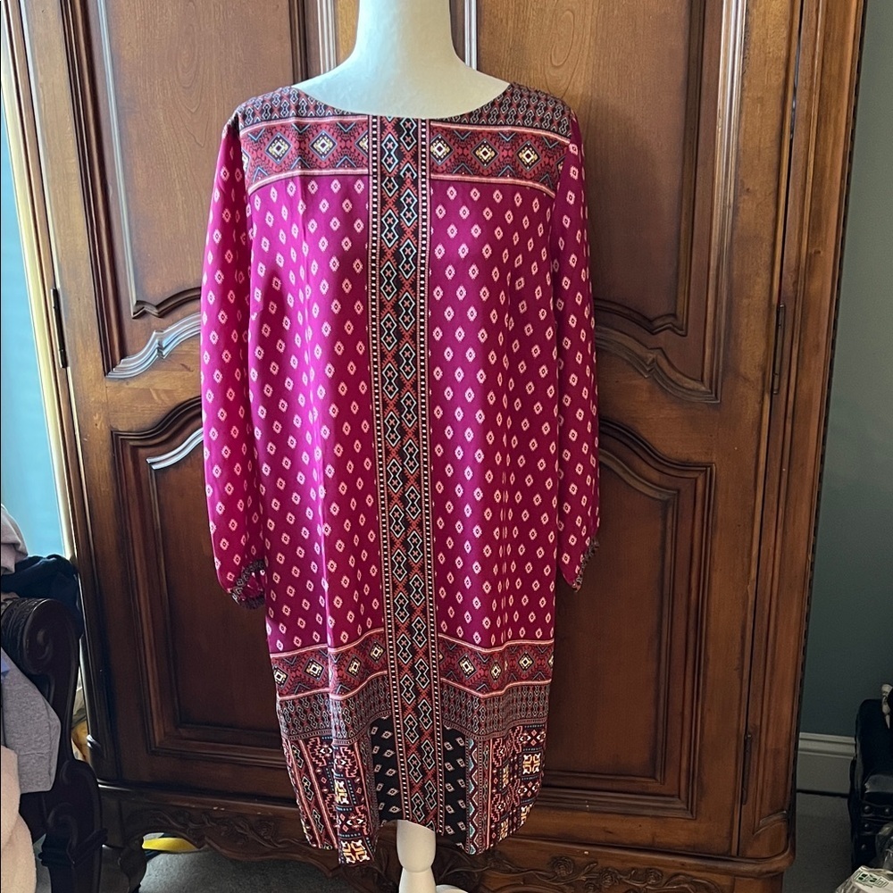 LOFT Pink Red Patterned Midi Dress. NWOT, Large